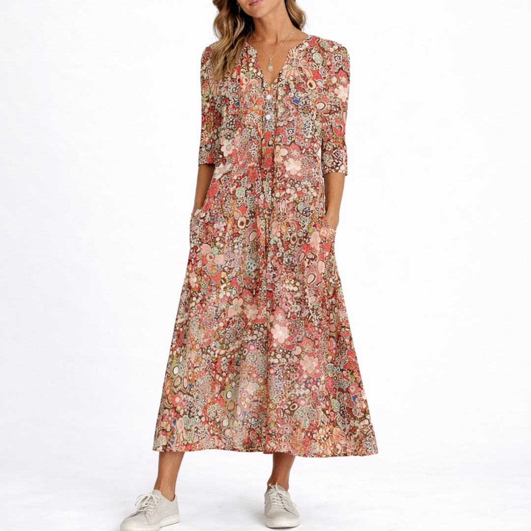 Floral Midi V-Neck Dress with Three-Quarter Sleeves