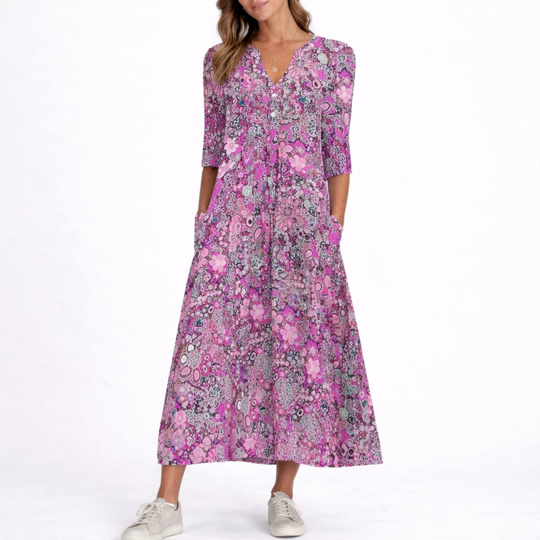 Floral Midi V-Neck Dress with Three-Quarter Sleeves