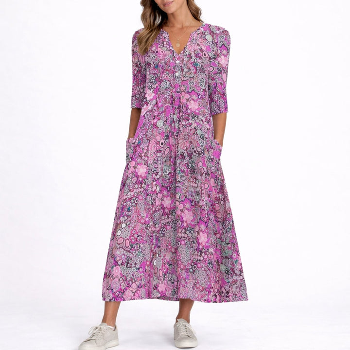 Floral Midi V-Neck Dress with Three-Quarter Sleeves