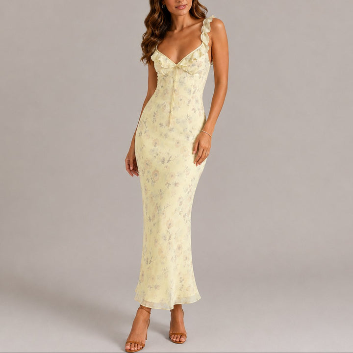 Floral Ruffle Strap Fitted Maxi Dress