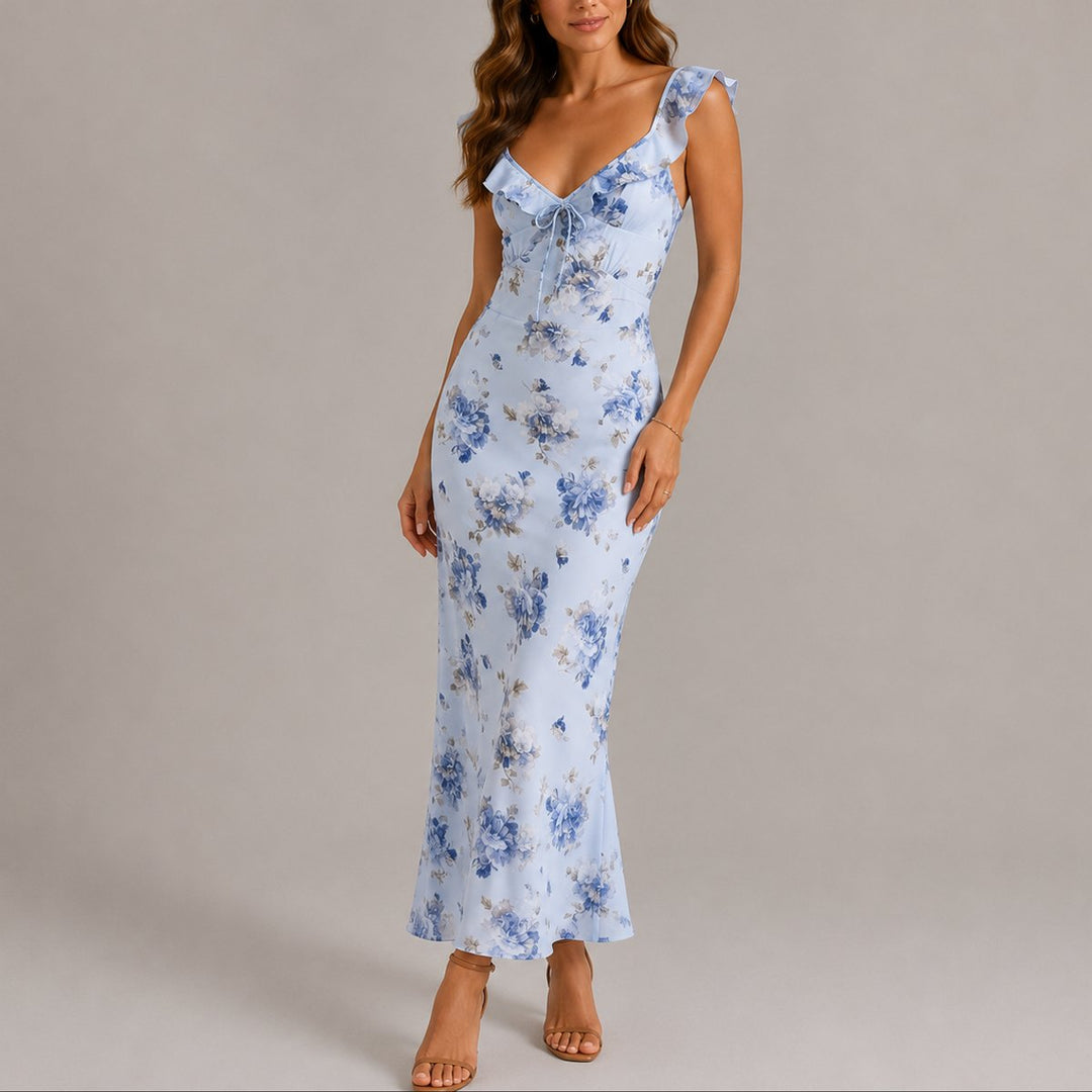 Floral Ruffle Strap Fitted Maxi Dress