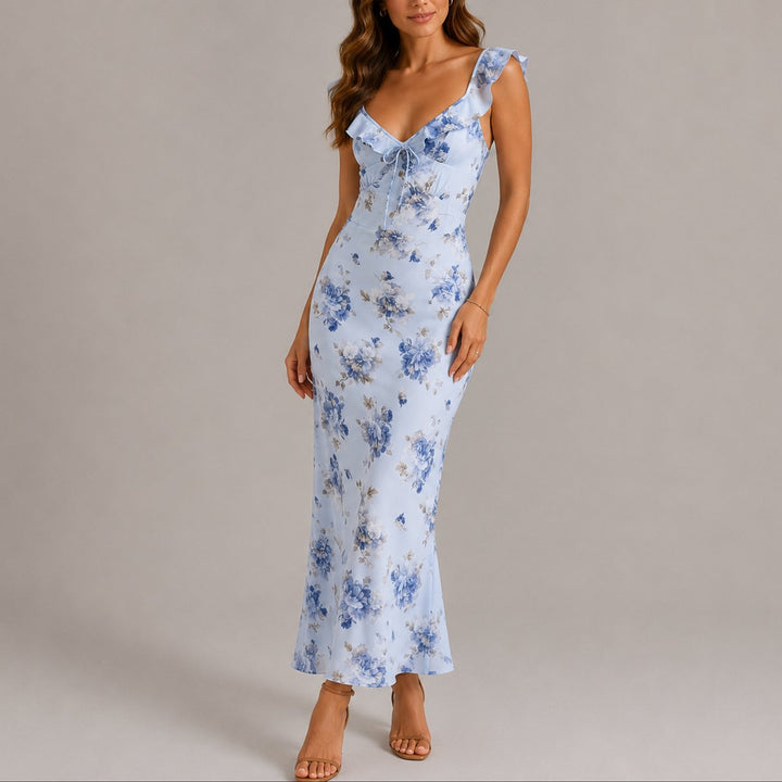 Floral Ruffle Strap Fitted Maxi Dress