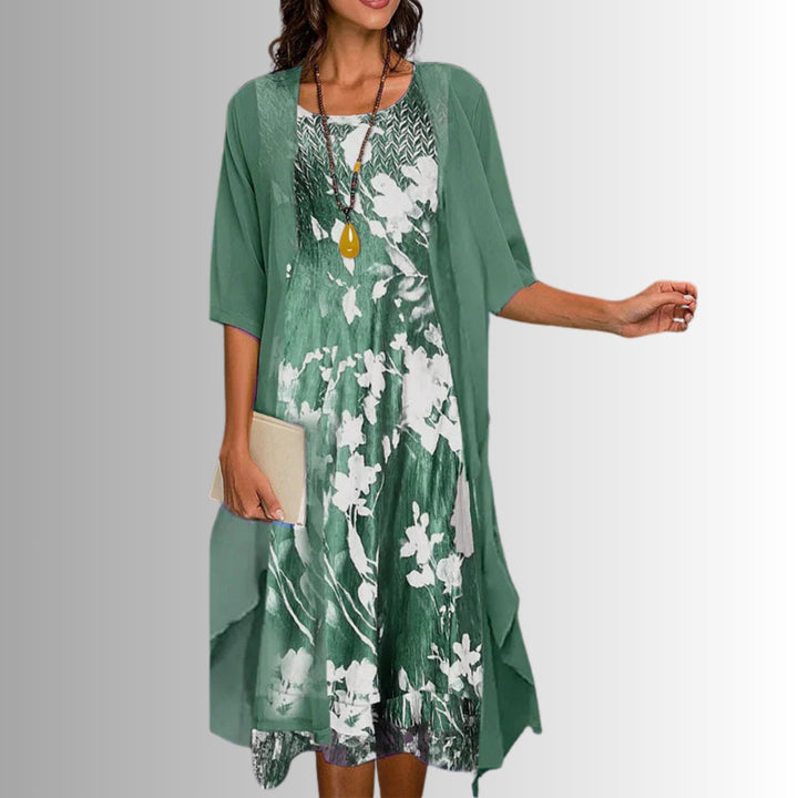Floral Two-Piece Layered Dress and Cardigan Set