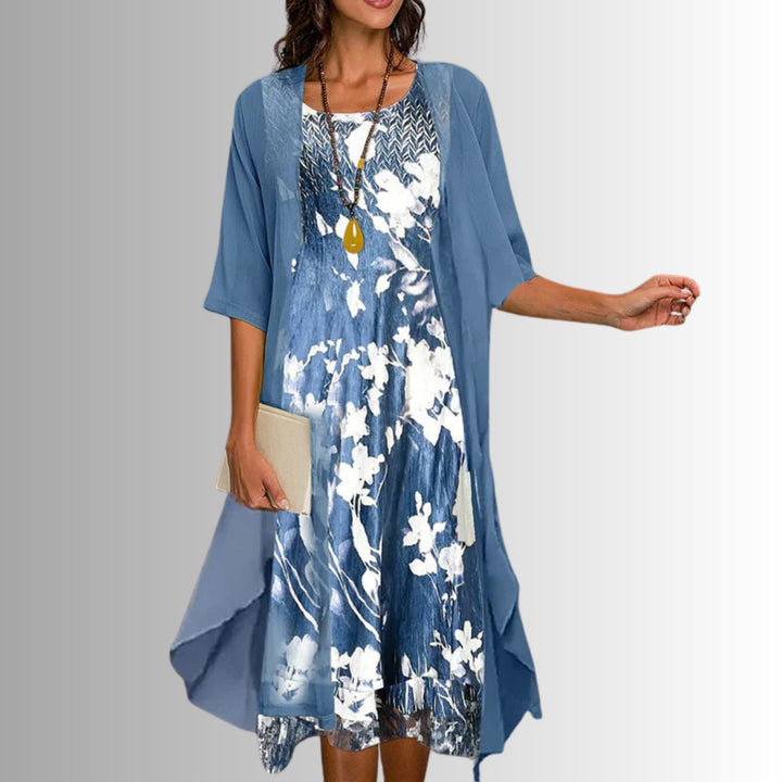 Floral Two-Piece Layered Dress and Cardigan Set