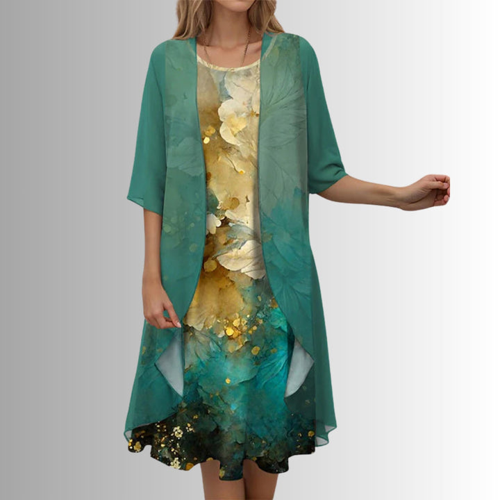 Floral Two-Piece Layered Dress and Cardigan Set