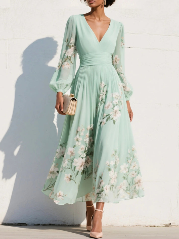 Floral V-Neck Balloon-Sleeve Midi Dress