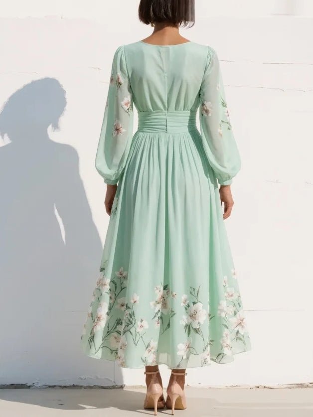 Floral V-Neck Balloon-Sleeve Midi Dress