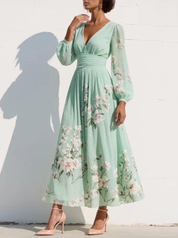 Floral V-Neck Balloon-Sleeve Midi Dress