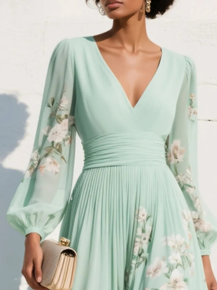 Floral V-Neck Balloon-Sleeve Midi Dress