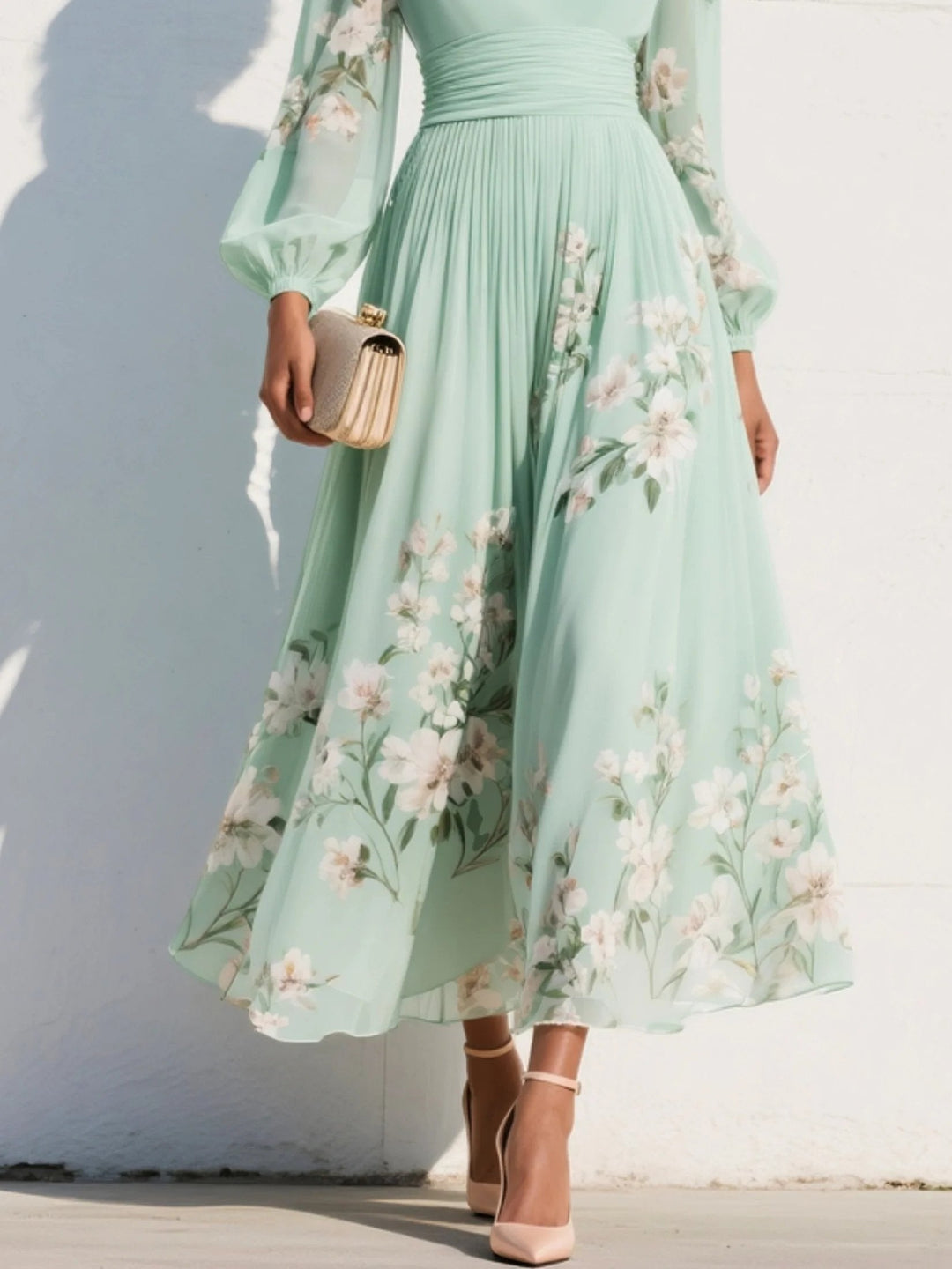 Floral V-Neck Balloon-Sleeve Midi Dress