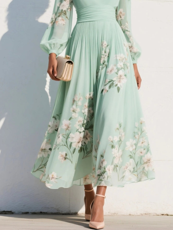 Floral V-Neck Balloon-Sleeve Midi Dress