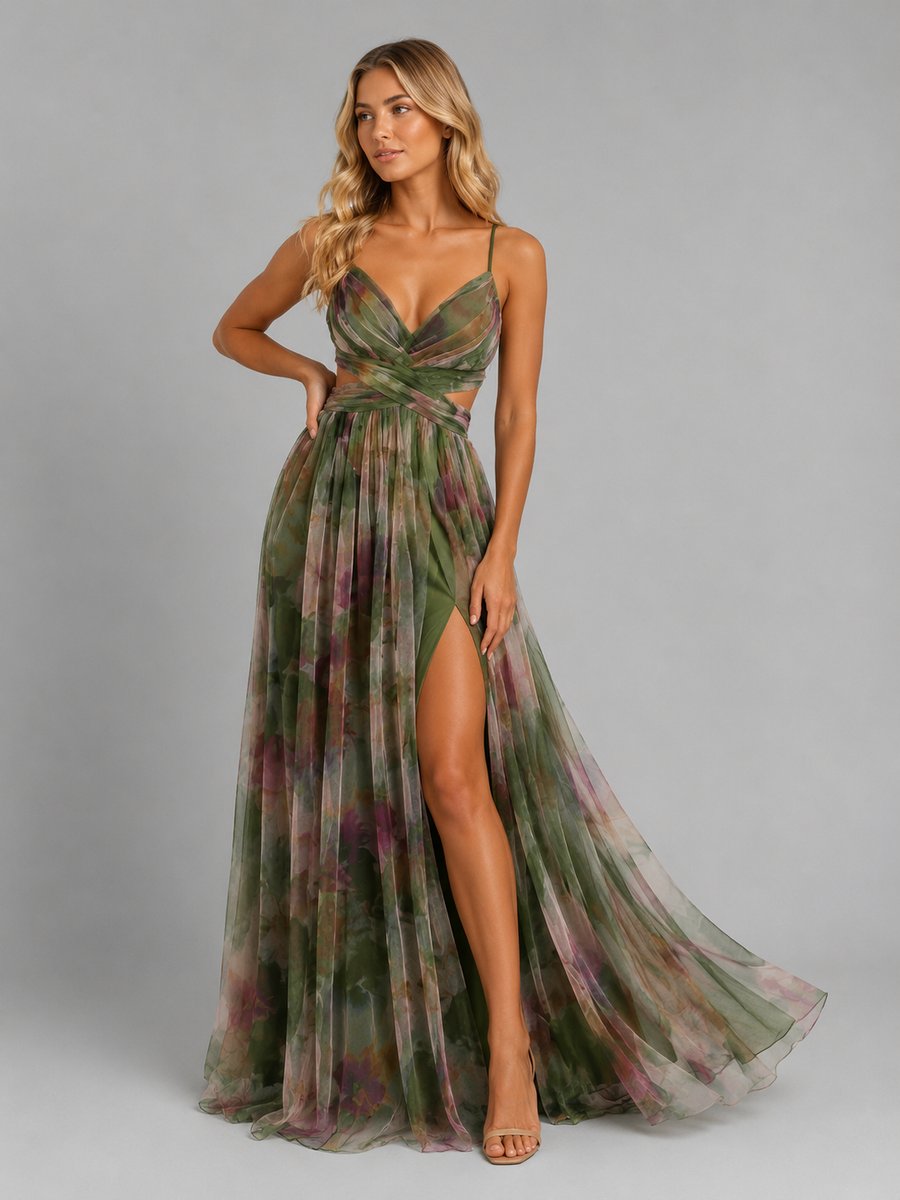 Floral V-Neck Chiffon Maxi Dress