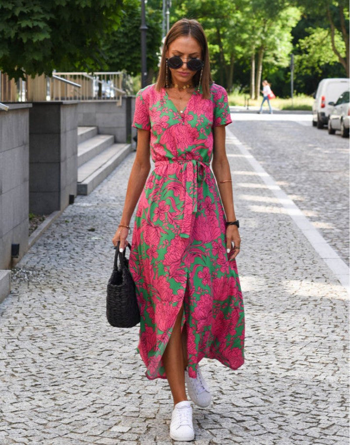 Floral Wrap V-Neck Cotton Midi Dress