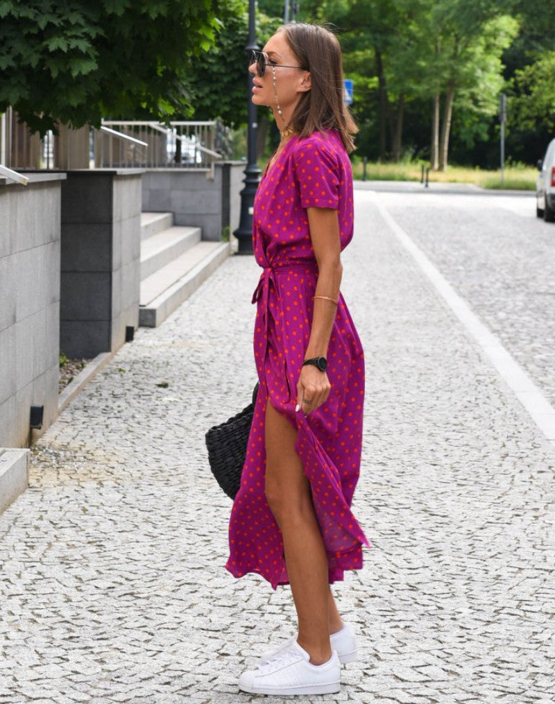 Floral Wrap V-Neck Cotton Midi Dress