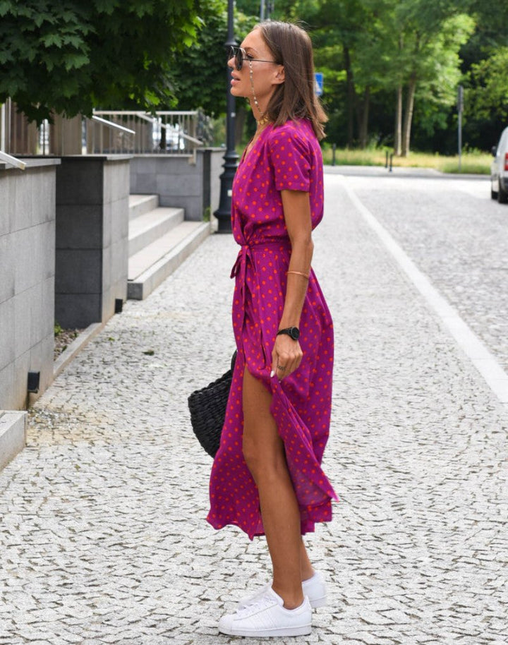 Floral Wrap V-Neck Cotton Midi Dress