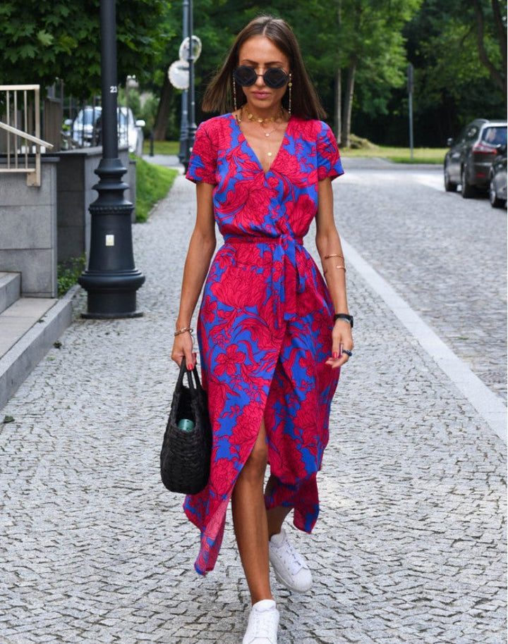Floral Wrap V-Neck Cotton Midi Dress