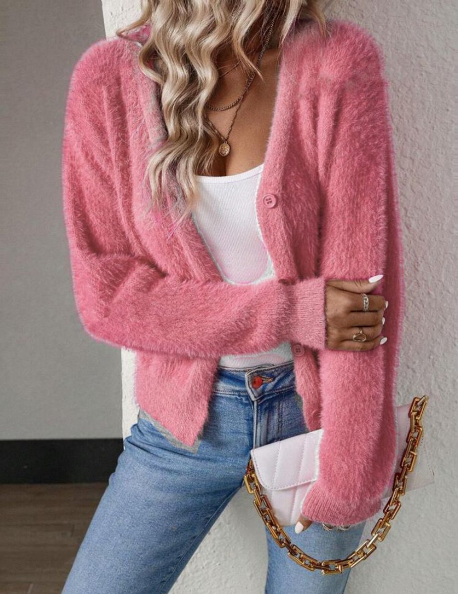 Fluffy V-Neck Button-Front Cardigan
