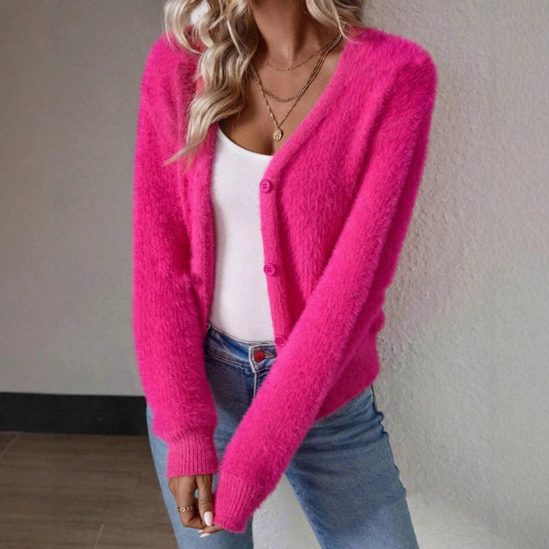 Fluffy V-Neck Button-Front Cardigan