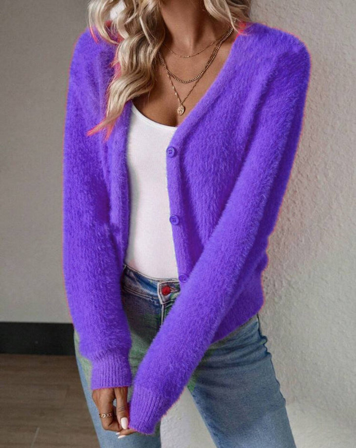 Fluffy V-Neck Button-Front Cardigan