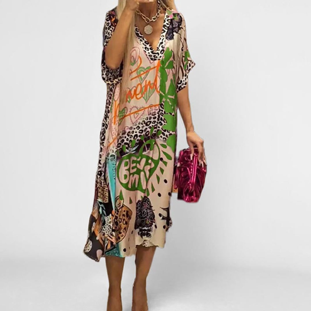 Graphic Print V-Neck Swing Midi Dress