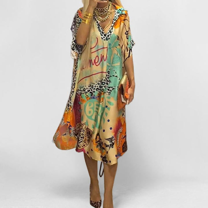 Graphic Print V-Neck Swing Midi Dress