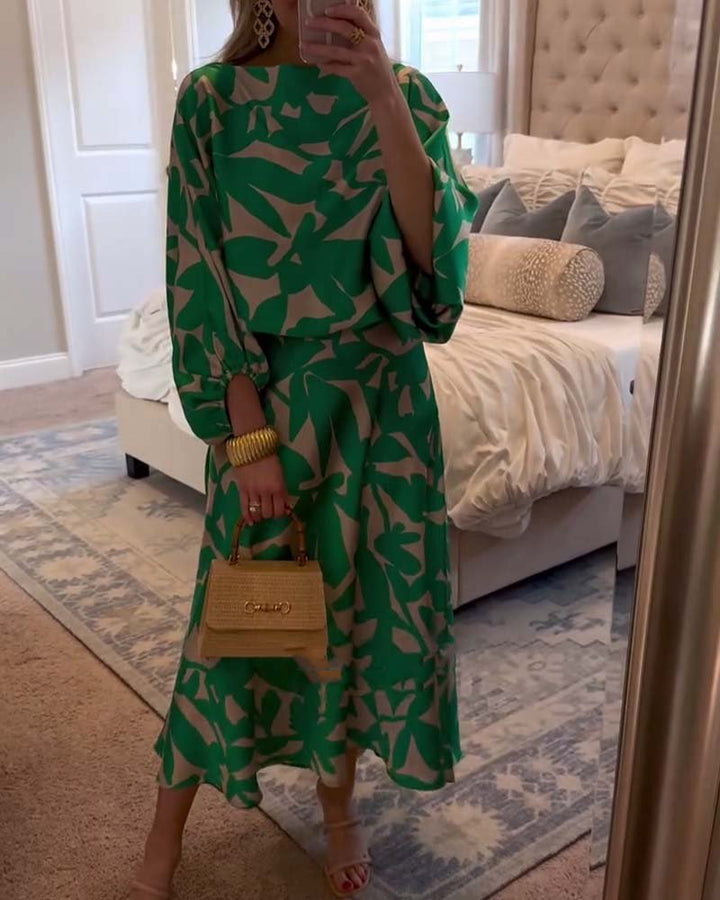 Leaf Print Lantern Sleeve Two-Piece Set