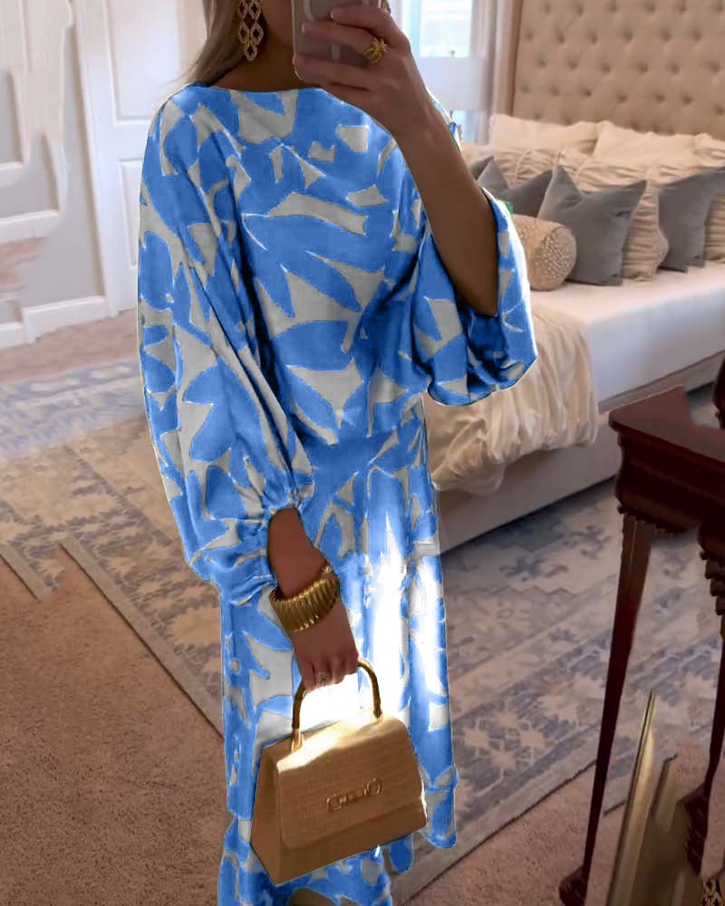 Leaf Print Lantern Sleeve Two-Piece Set