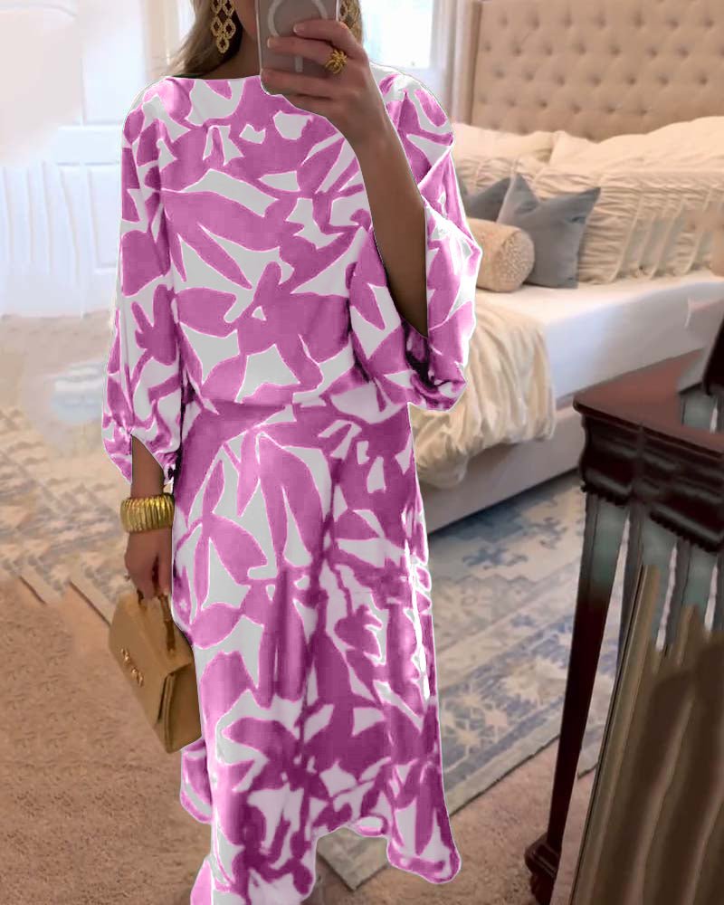 Leaf Print Lantern Sleeve Two-Piece Set