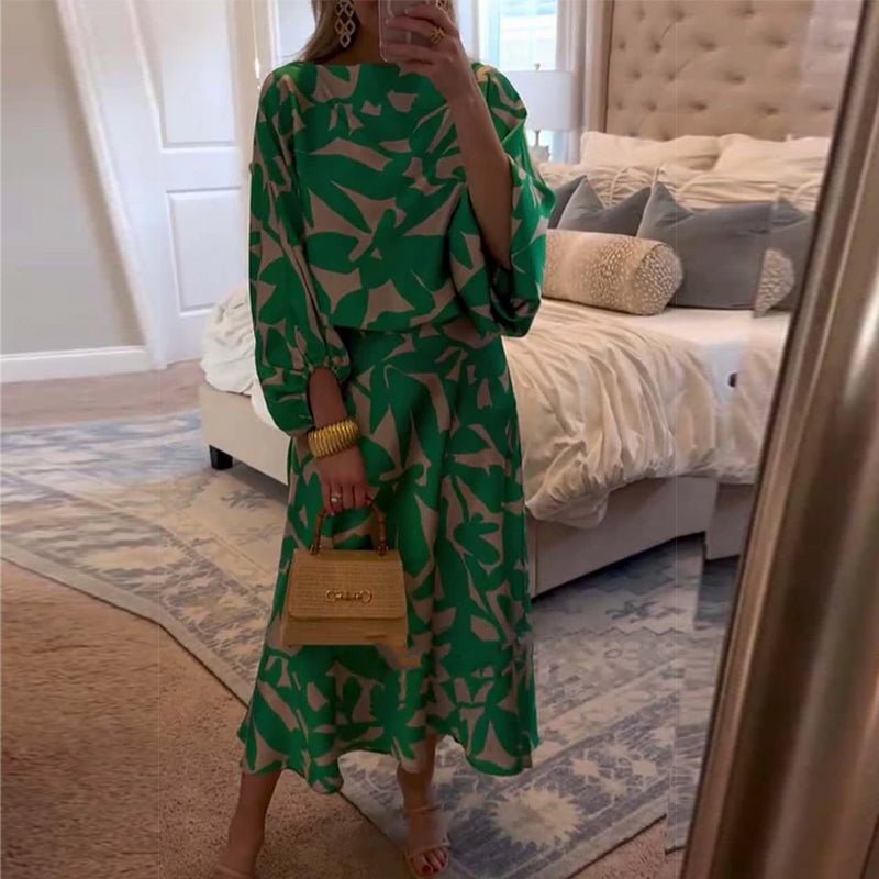 Leaf Print Lantern Sleeve Two-Piece Set