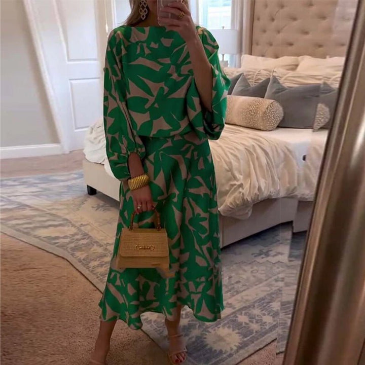 Leaf Print Lantern Sleeve Two-Piece Set