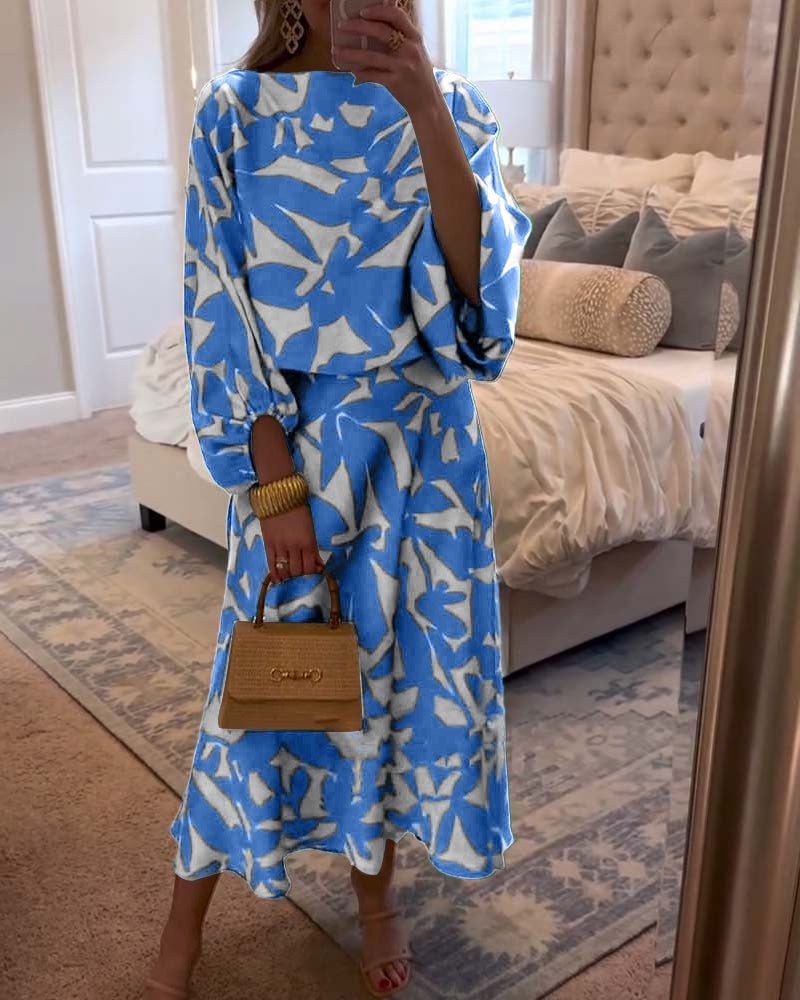 Leaf Print Lantern Sleeve Two-Piece Set