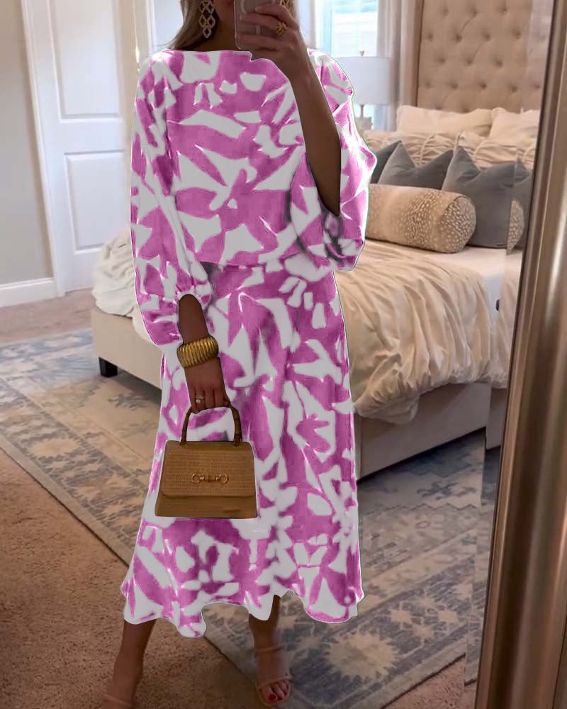 Leaf Print Lantern Sleeve Two-Piece Set