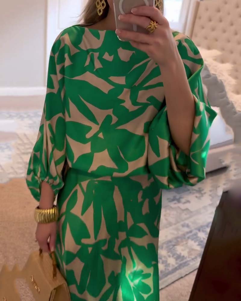 Leaf Print Lantern Sleeve Two-Piece Set