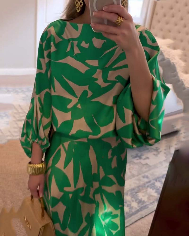 Leaf Print Lantern Sleeve Two-Piece Set