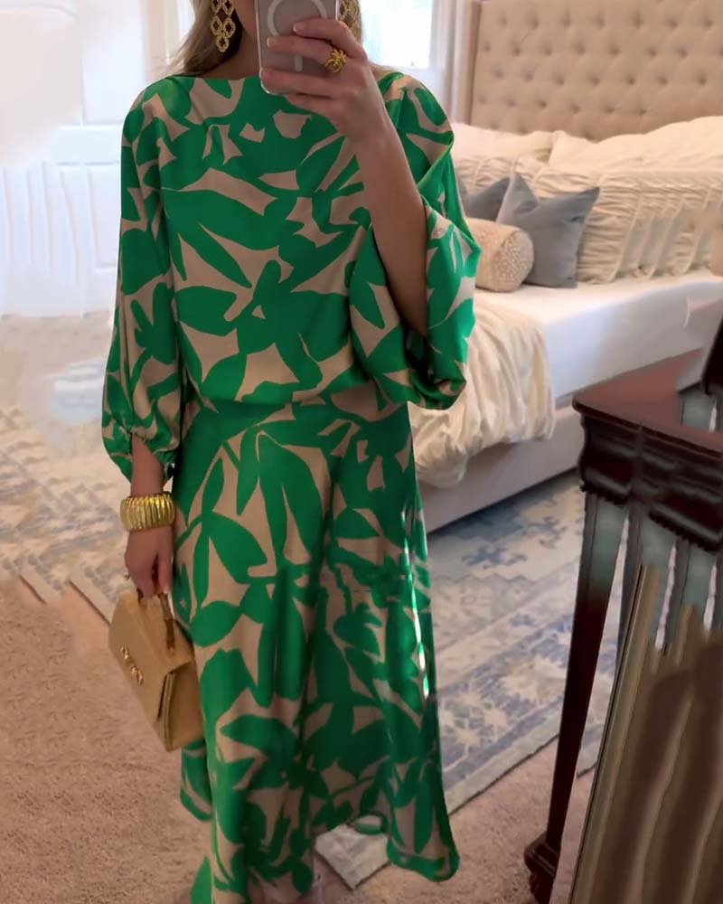 Leaf Print Lantern Sleeve Two-Piece Set