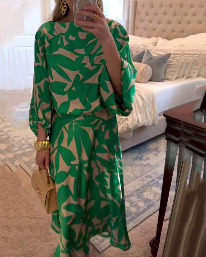 Leaf Print Lantern Sleeve Two-Piece Set