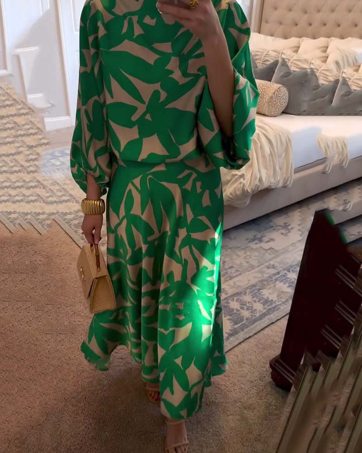 Leaf Print Lantern Sleeve Two-Piece Set