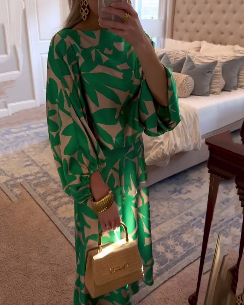 Leaf Print Lantern Sleeve Two-Piece Set