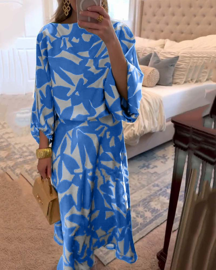 Leaf Print Lantern Sleeve Two-Piece Set