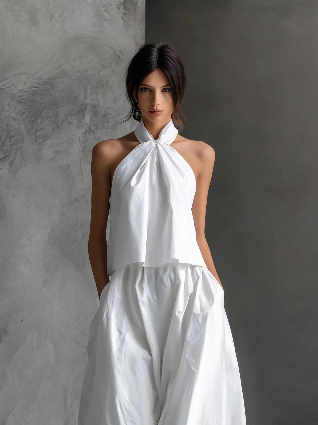Halter Neck Linen-Blend Two-Piece Set
