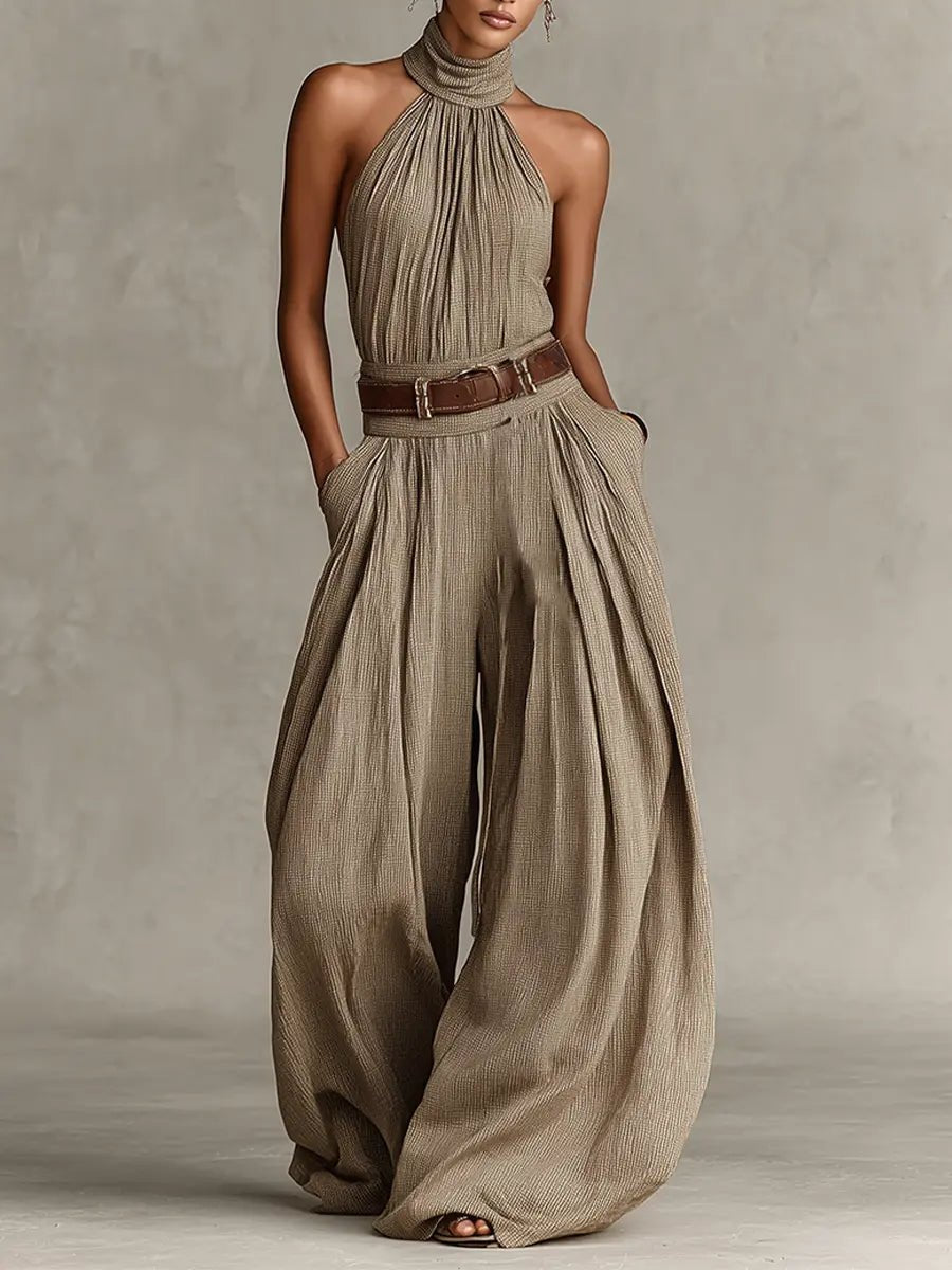Halter Neck Wide-Leg Cotton Blend Jumpsuit