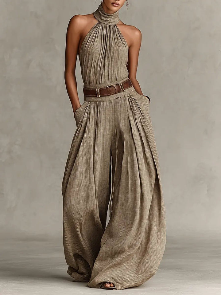 Halter Neck Wide-Leg Cotton Blend Jumpsuit