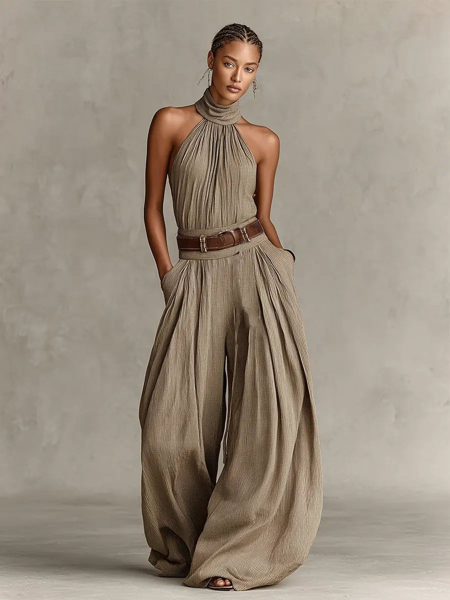 Halter Neck Wide-Leg Cotton Blend Jumpsuit