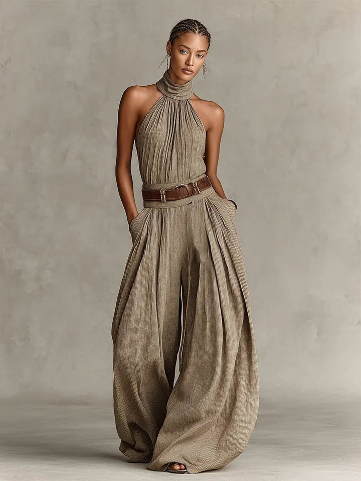 Halter Neck Wide-Leg Cotton Blend Jumpsuit