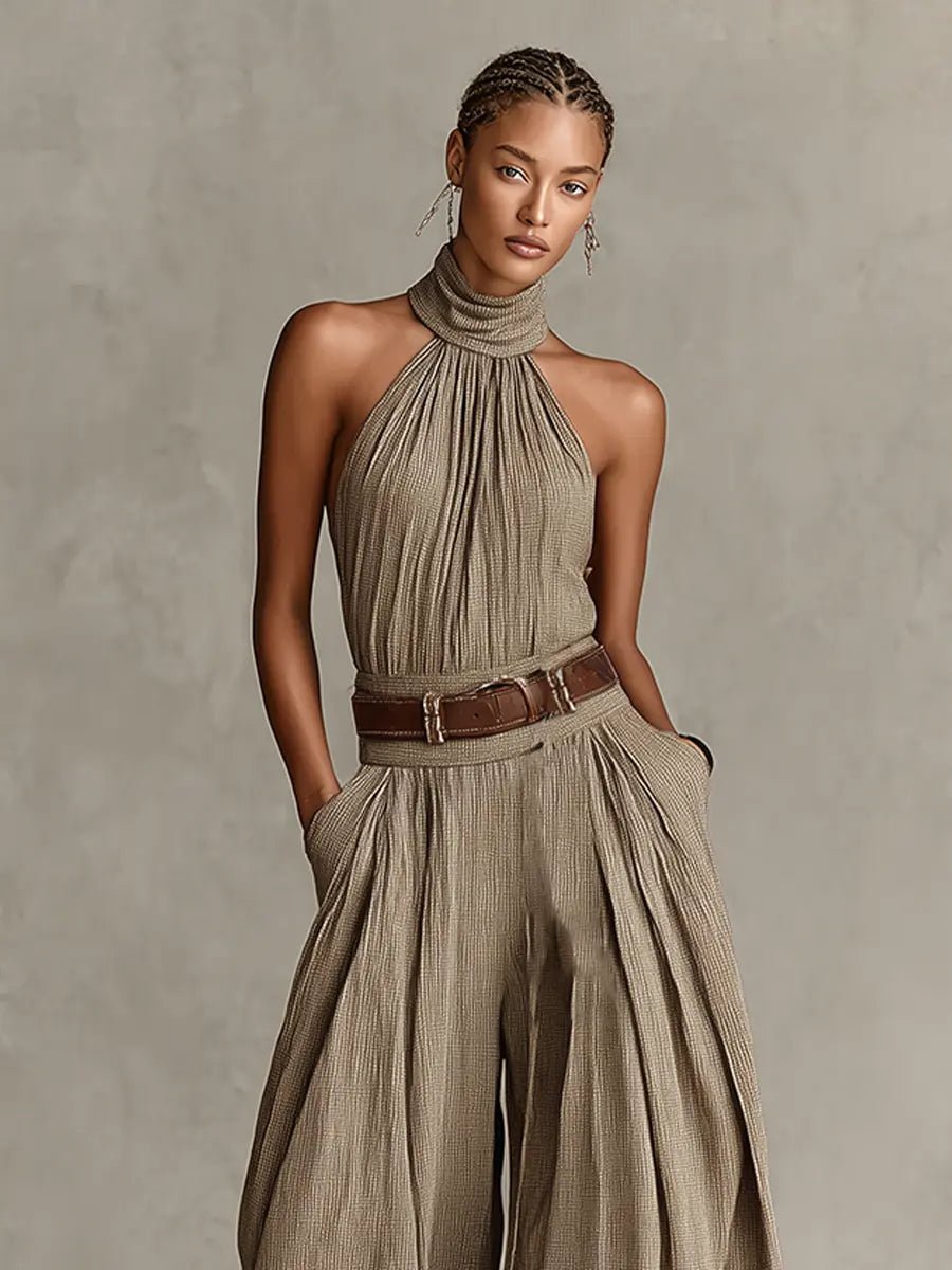 Halter Neck Wide-Leg Cotton Blend Jumpsuit
