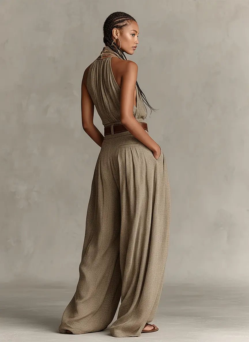 Halter Neck Wide-Leg Cotton Blend Jumpsuit