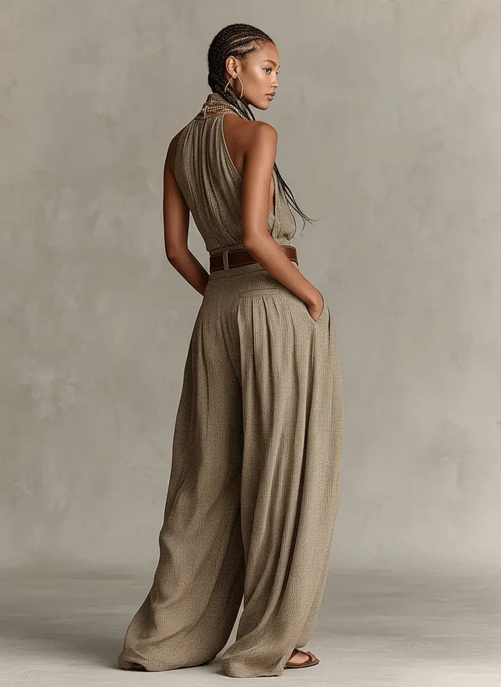 Halter Neck Wide-Leg Cotton Blend Jumpsuit