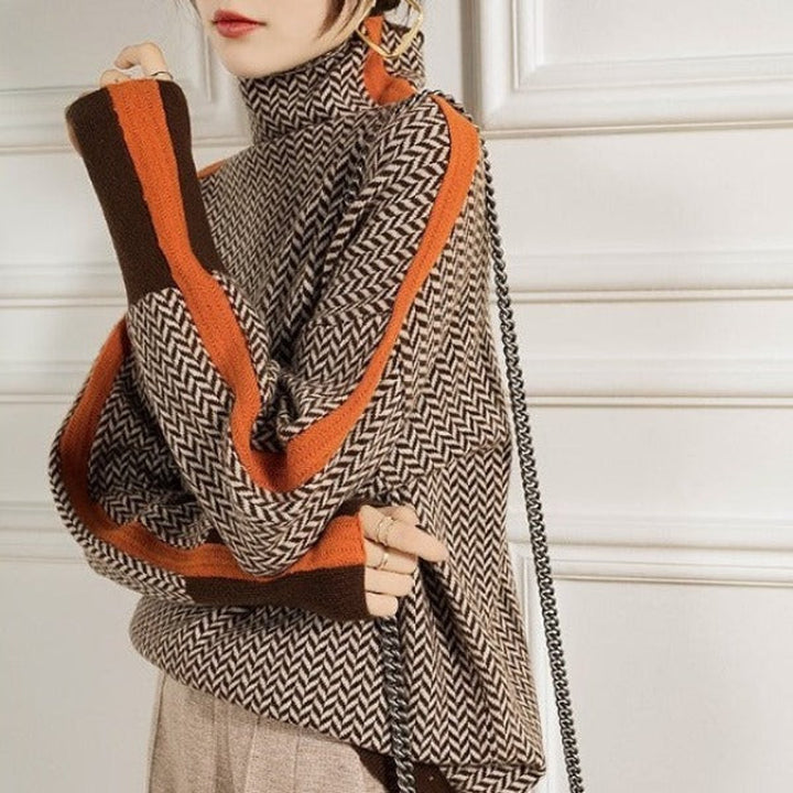 Herringbone Oversized Turtleneck Sweater