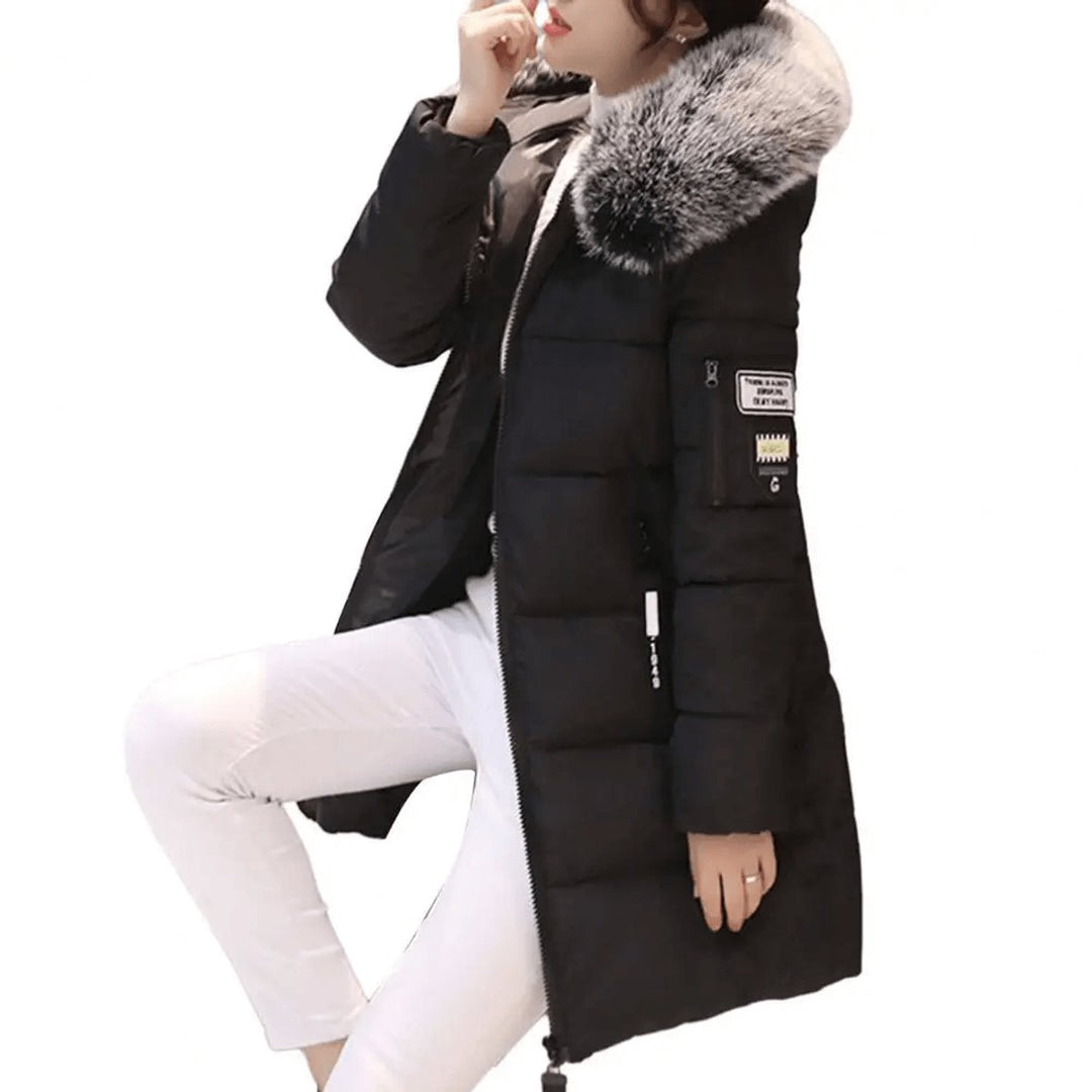 Mid-Length Quilted Puffer Coat with Faux Fur Hood