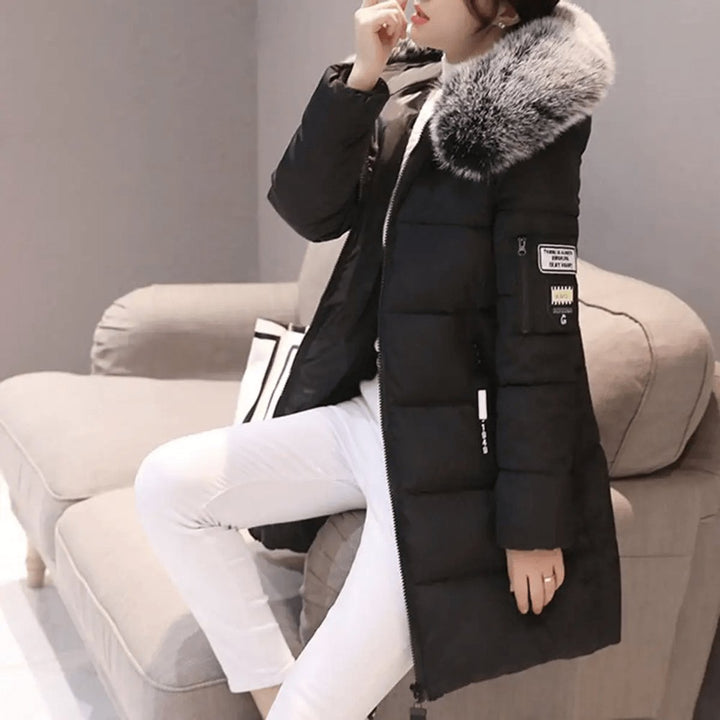 Mid-Length Quilted Puffer Coat with Faux Fur Hood